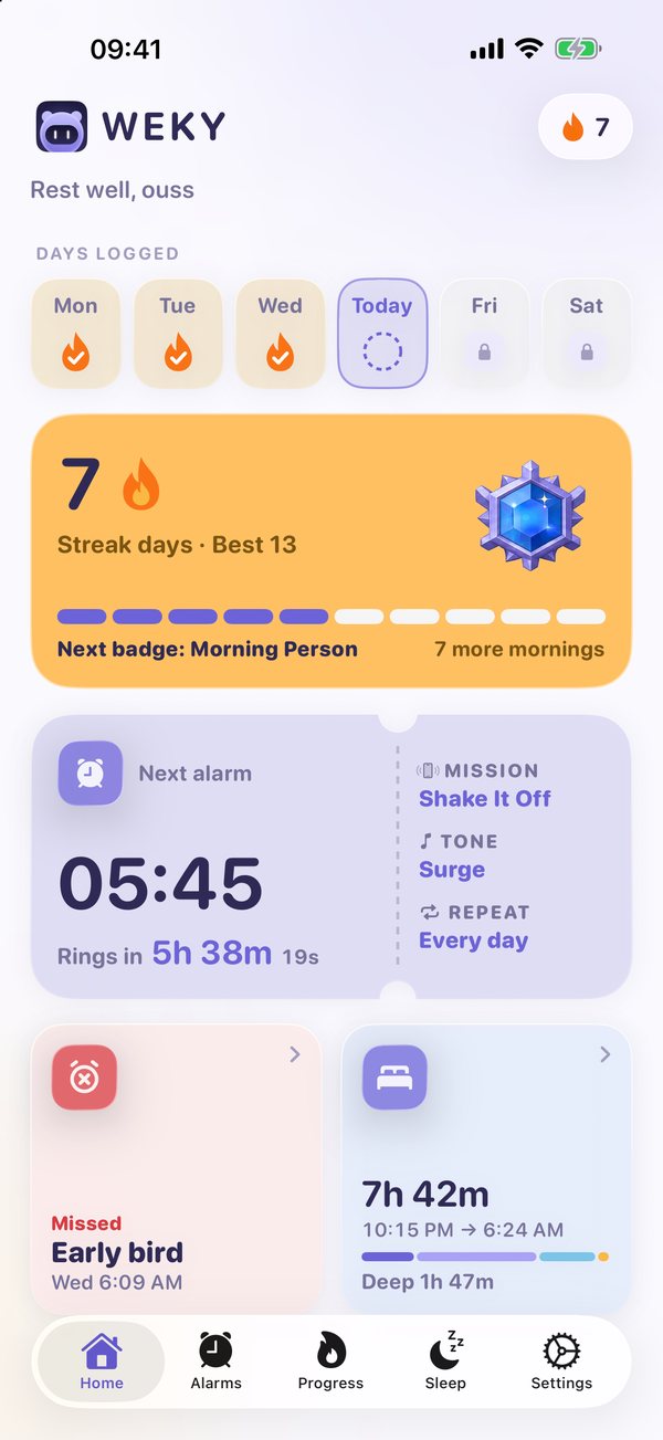 連続記録、次のアラーム、睡眠が表示されたWekyのホーム画面