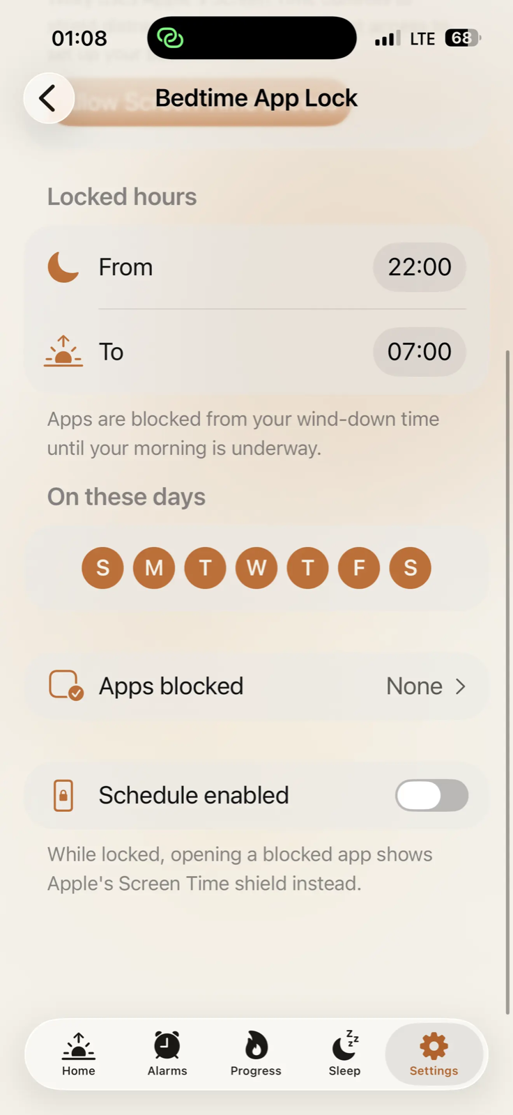 Weky Bedtime App Lock: locked hours from 22:00 to 07:00