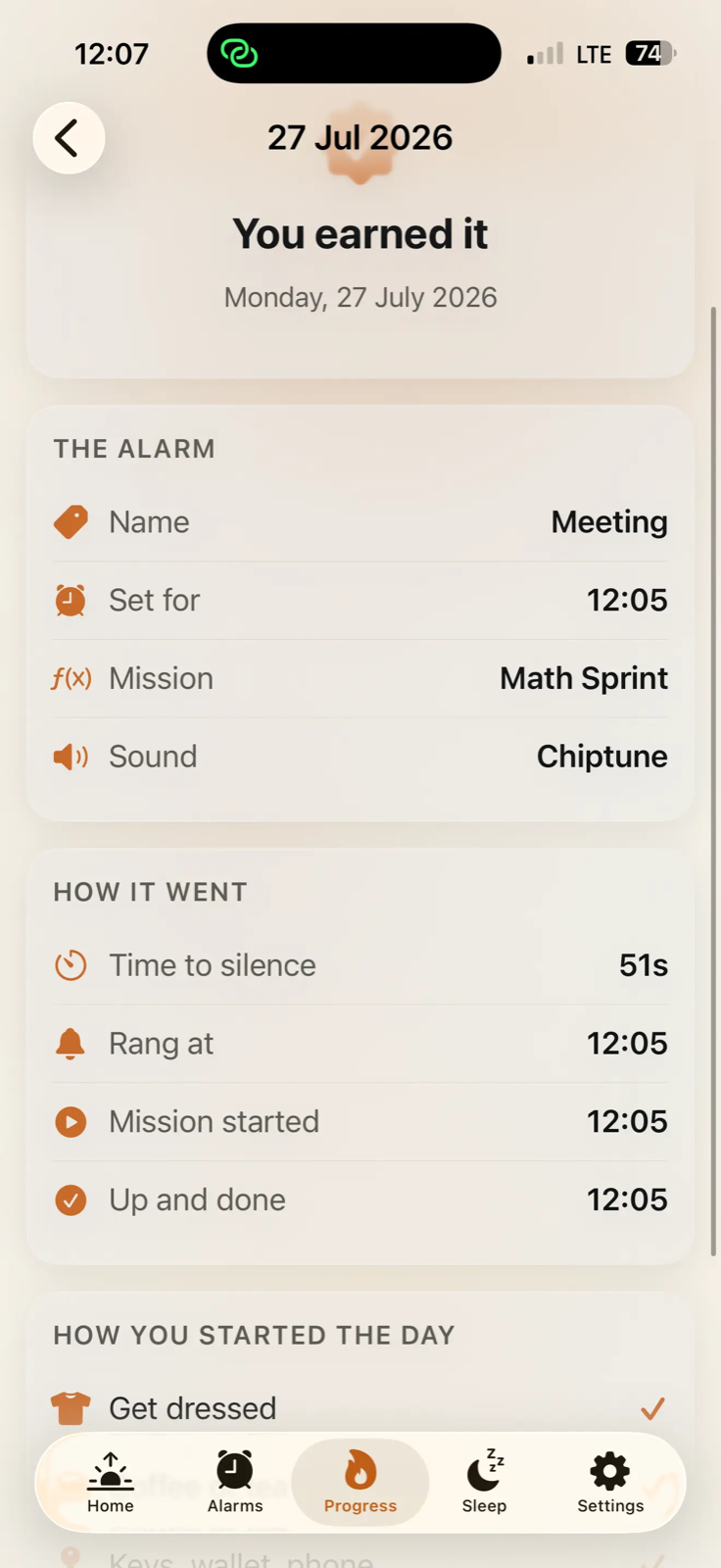A past morning in Weky: alarm details, timings, and the morning duties completed