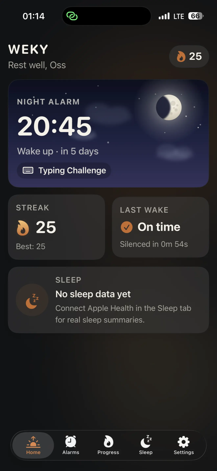 Weky home screen in dark mode with a night alarm