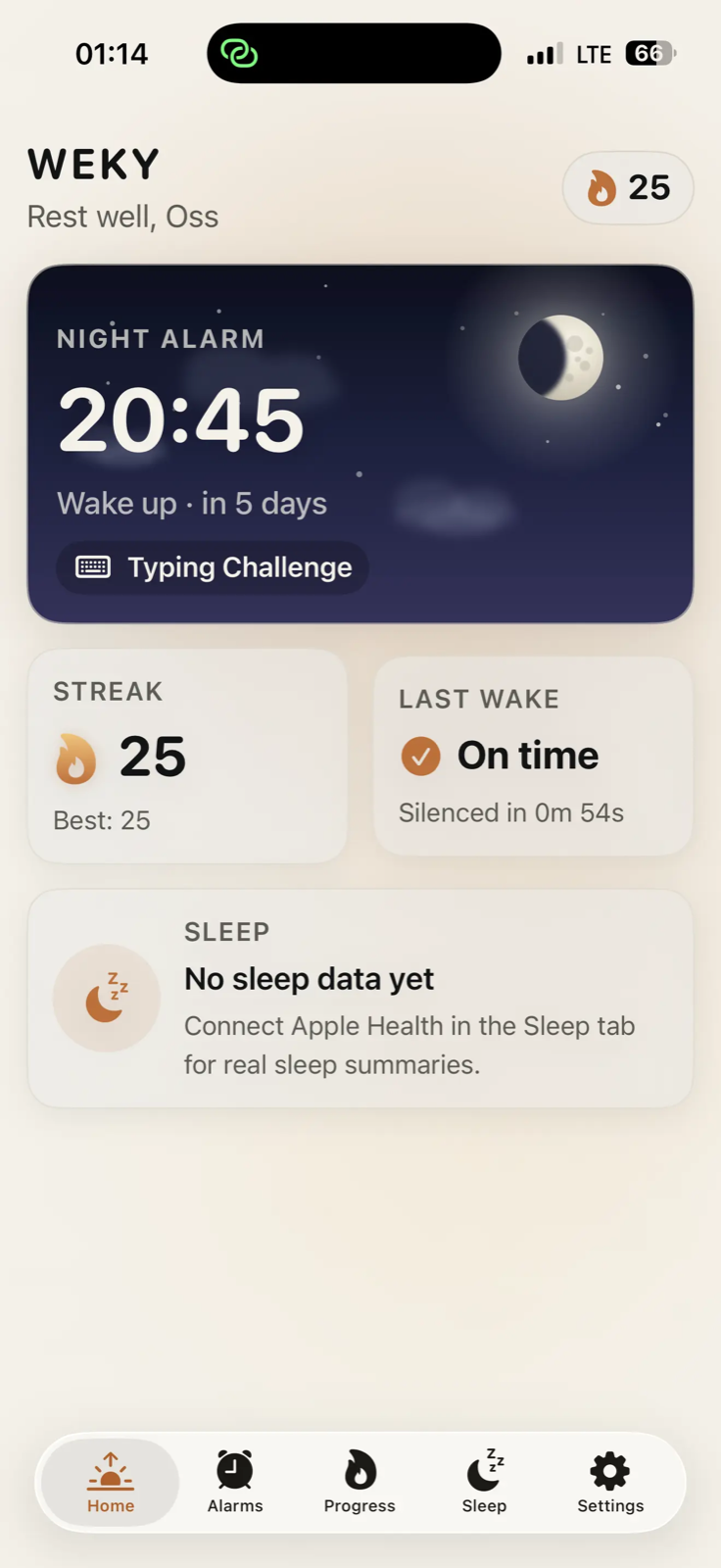Weky home screen showing a night alarm and a 25-day streak