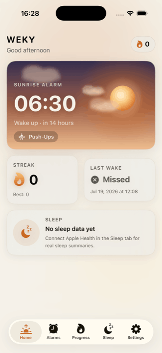 Weky home screen with next alarm