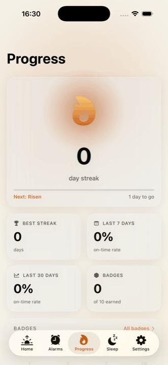 Progress screen with streak and badges