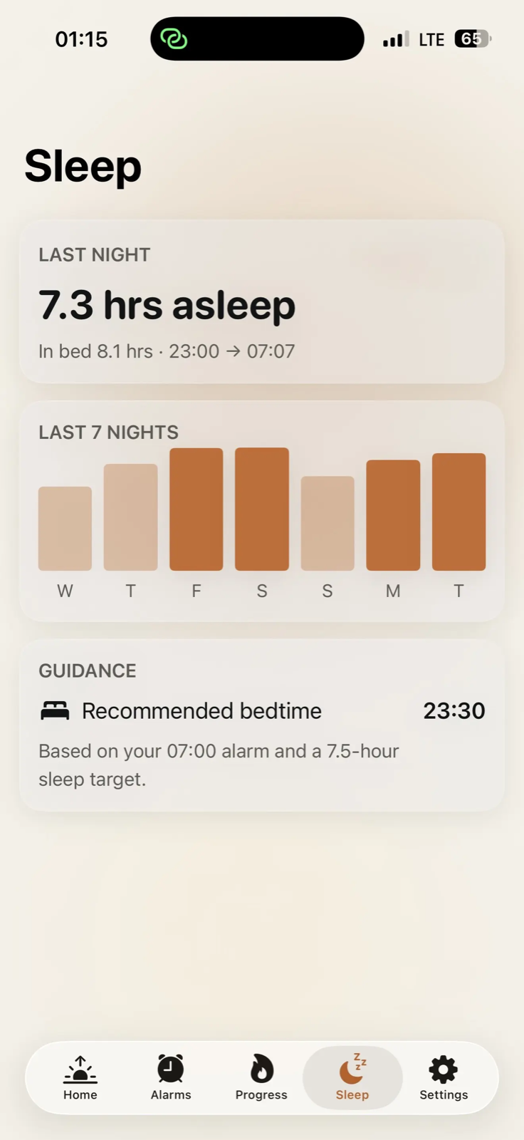 Weky sleep tab: 7.3 hours asleep, last seven nights, recommended bedtime